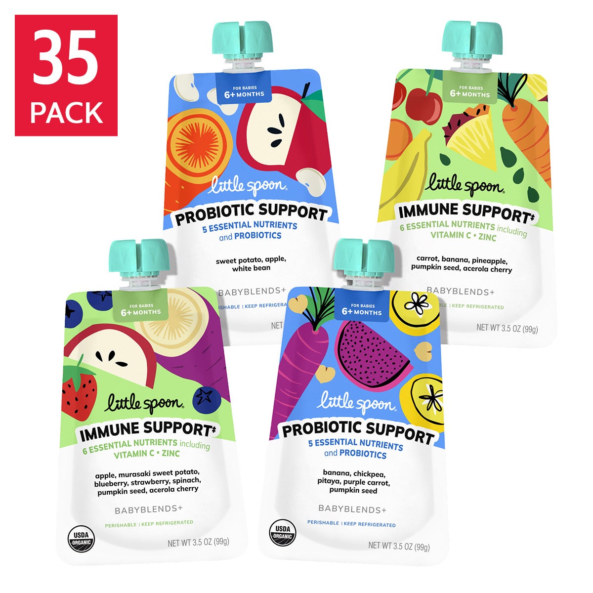 Little Spoon Baby Organic Babyblends+ Functional Pouches, Variety 35 Pack, 3.5 oz. Each