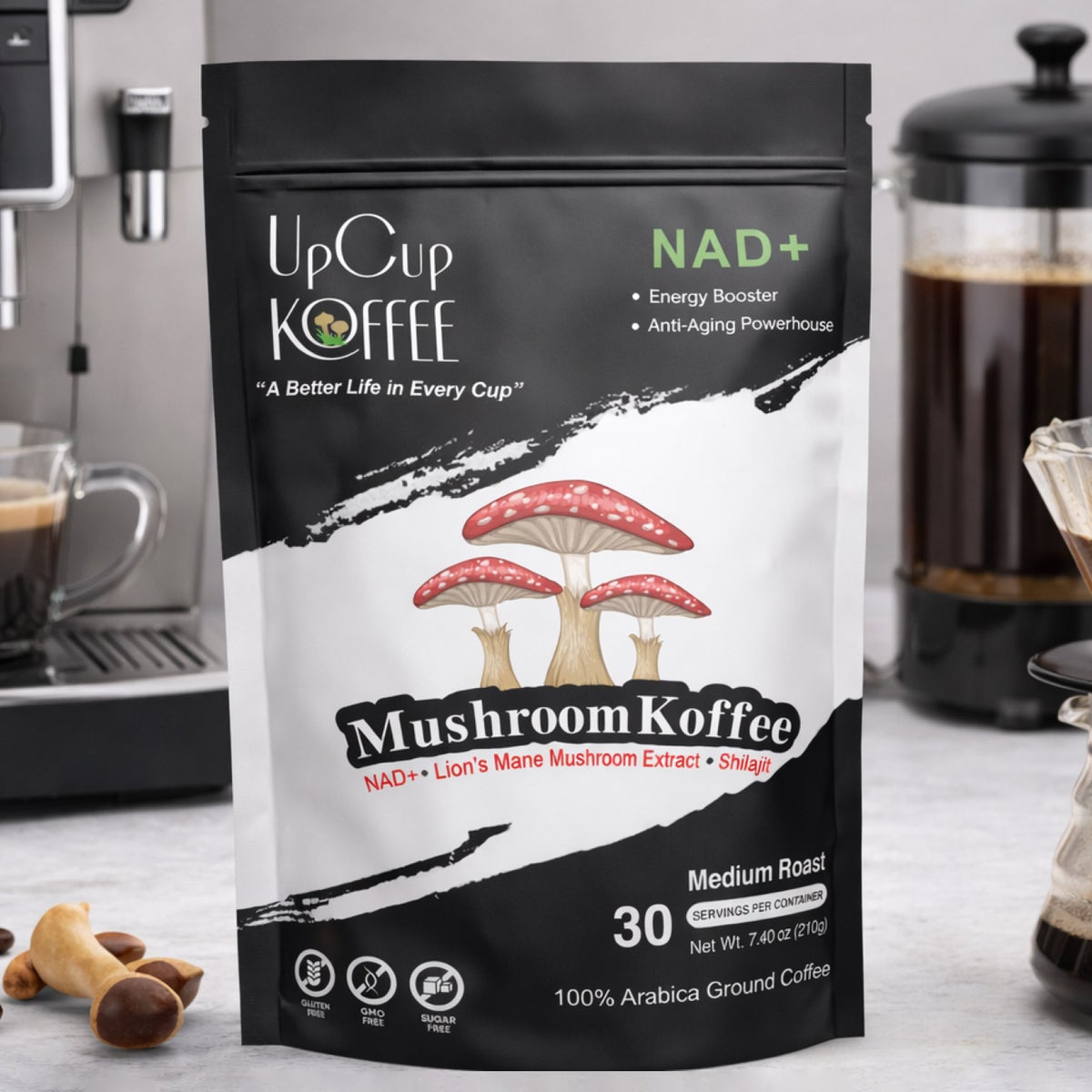 Ground mushroom coffee with 60 total servings
