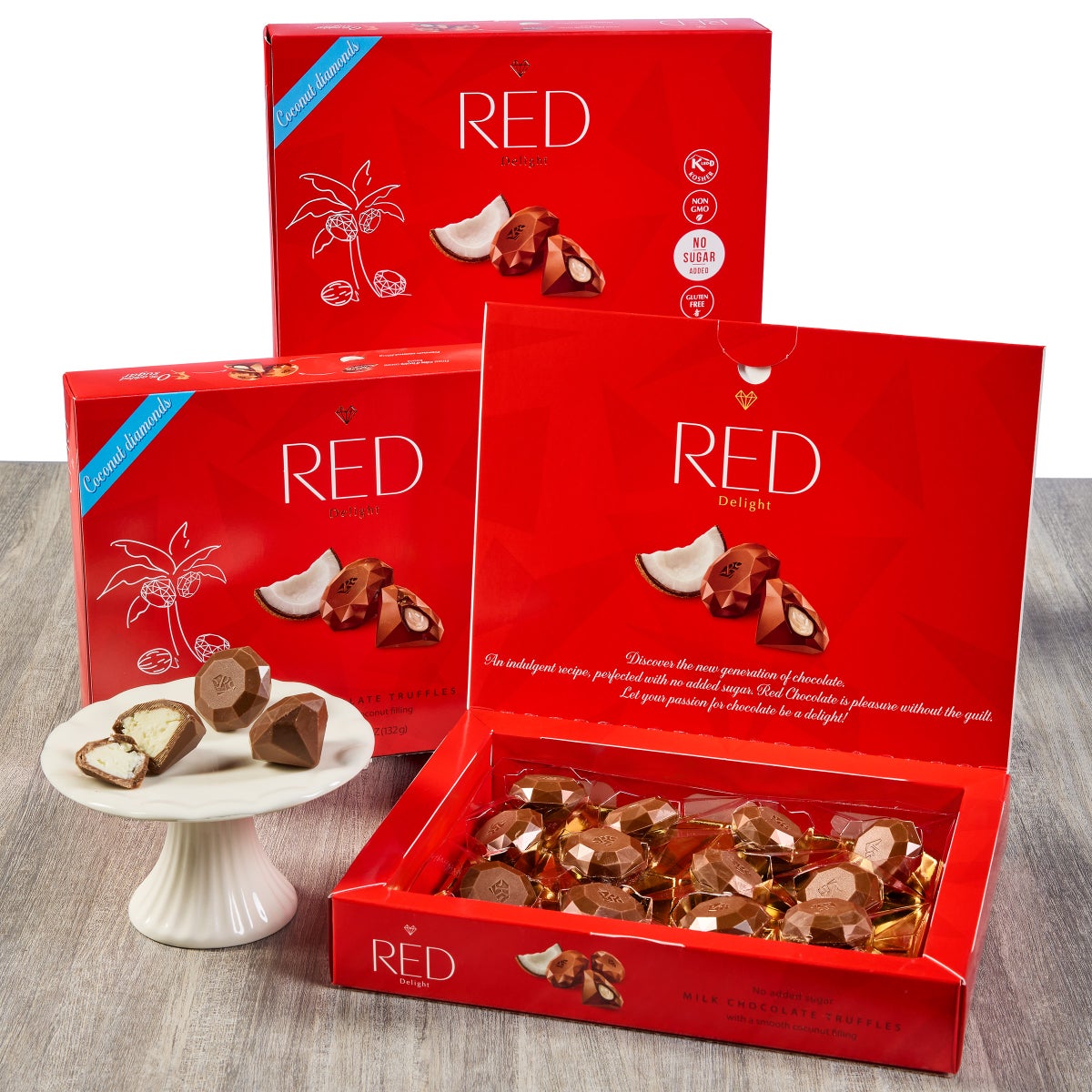 Red Delight milk chocolate coconut diamond truffles 3 pack