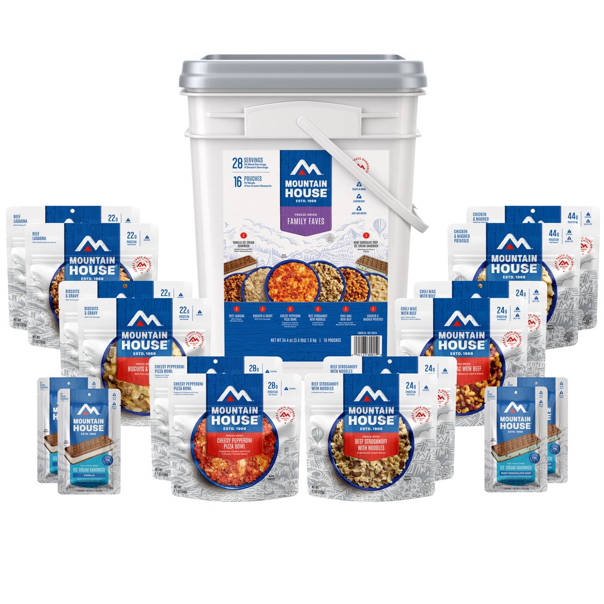 Mountain House Family Faves emergency food bucket