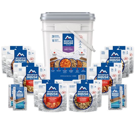 Mountain House Family Faves emergency food bucket