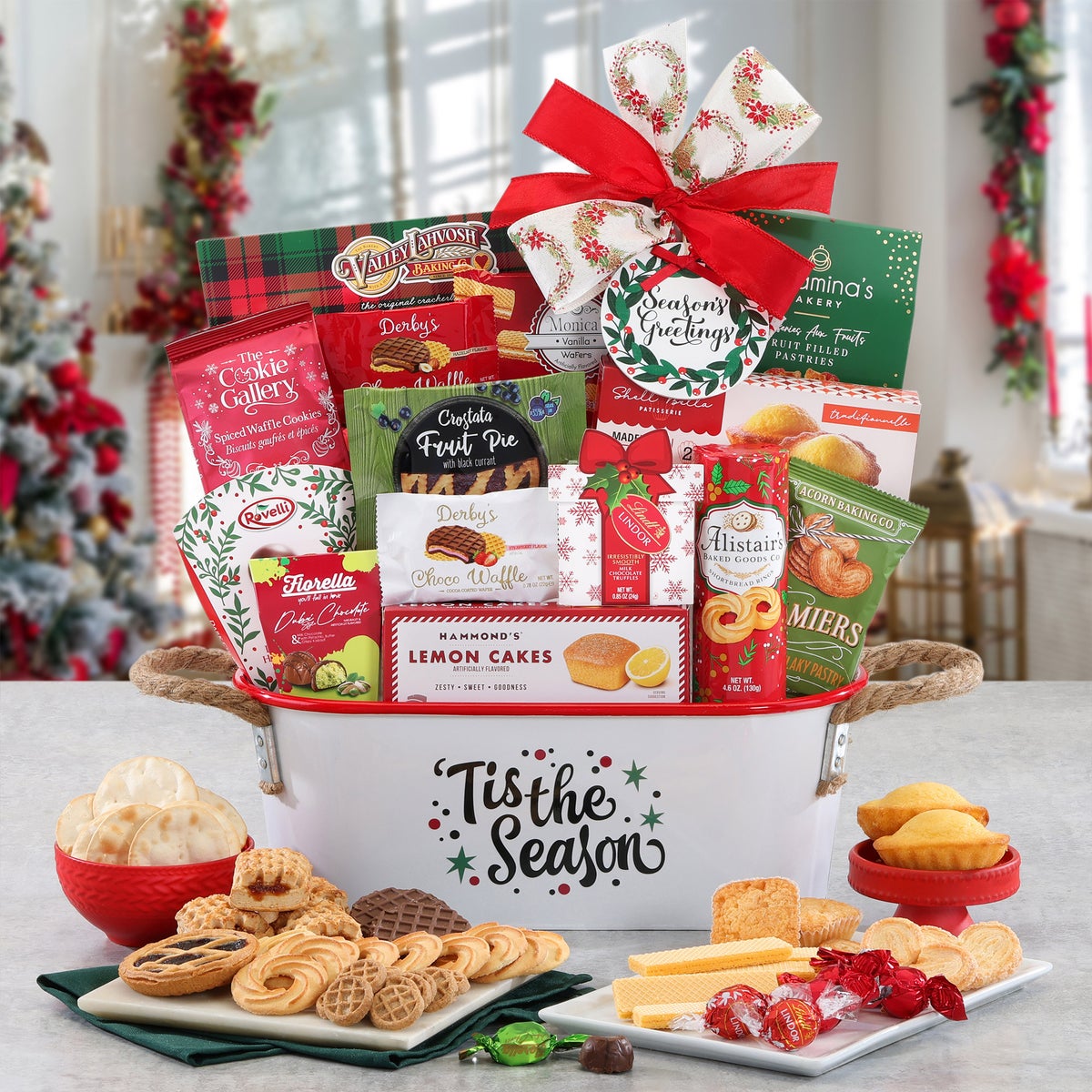 Festive snack basket with pastries and cookies