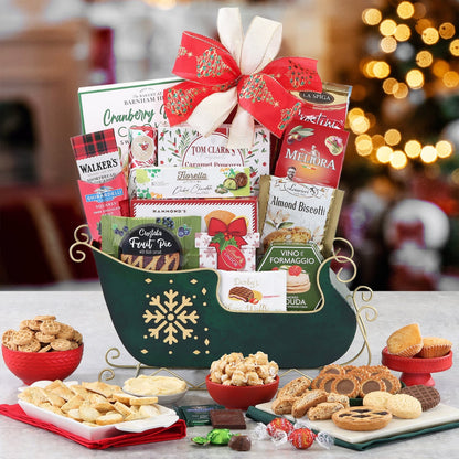 Festive gourmet holiday sleigh gift basket with snacks