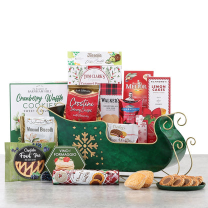 Green sleigh gift basket with smoked gouda spread