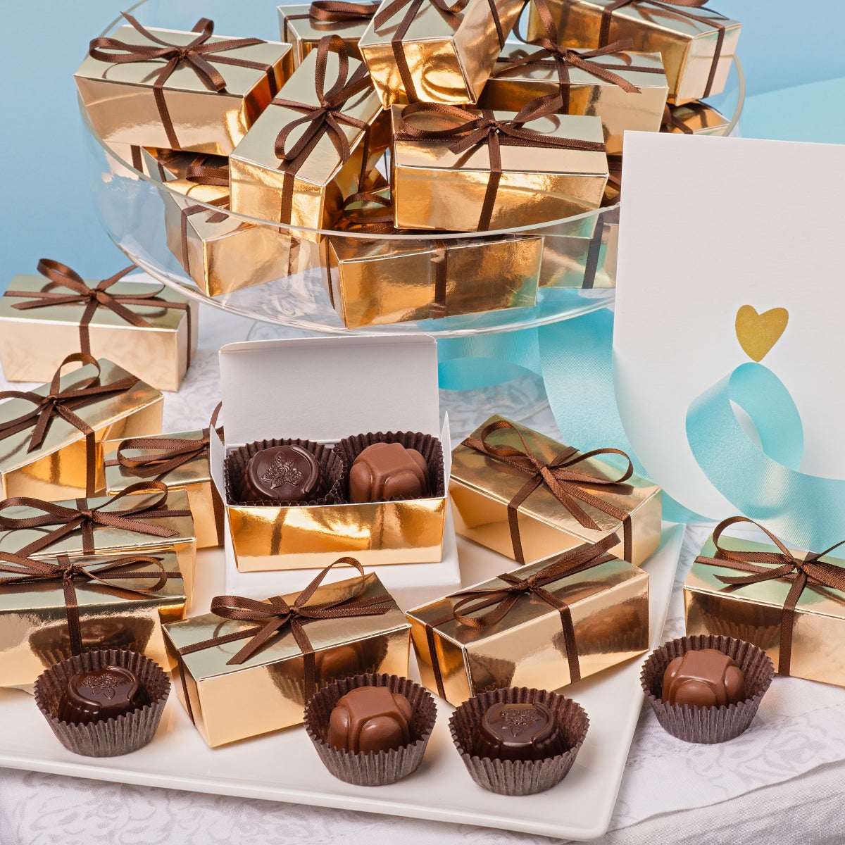 Milk chocolate crunchy caramel and dark chocolate favors