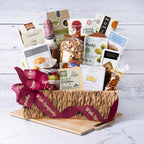 Gift basket with coffee salami cookies and cheese spread