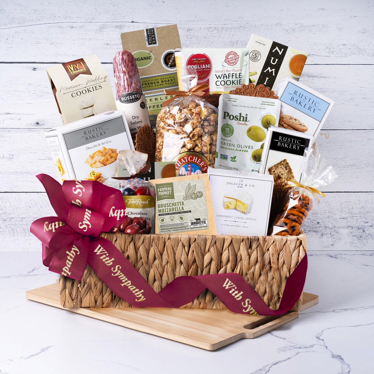 Gift basket with coffee salami cookies and cheese spread