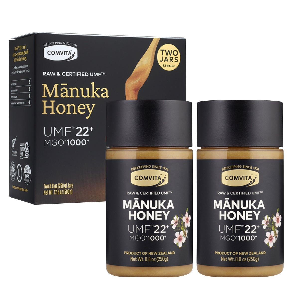 Comvita UMF 22+ raw manuka honey 2-pack front view