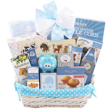 Welcome Home Baby Boy gift basket with sweets and snacks