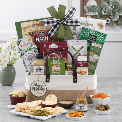 Wine Country gift basket with tea, dip mix, and snacks