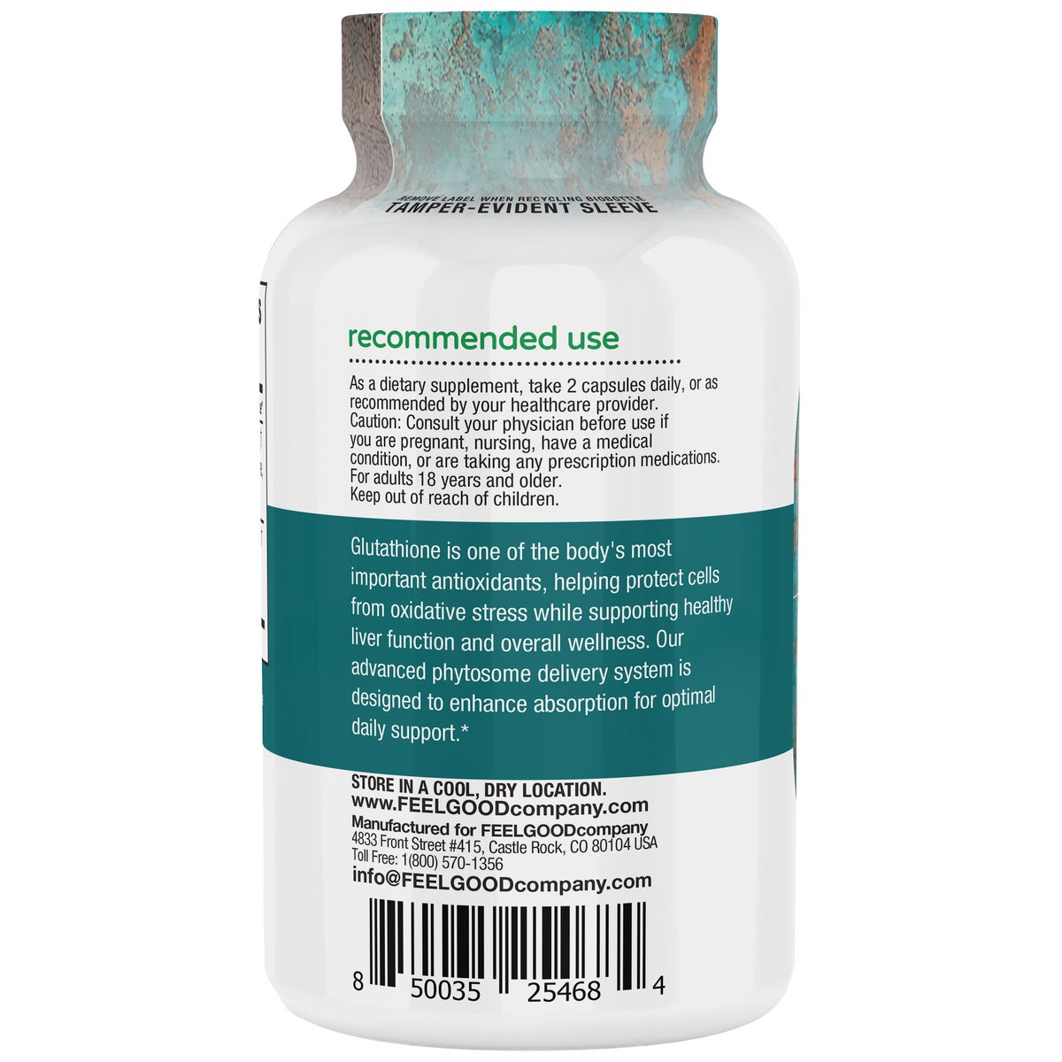 Feel Good 120 capsule bottle with eco-conscious packaging