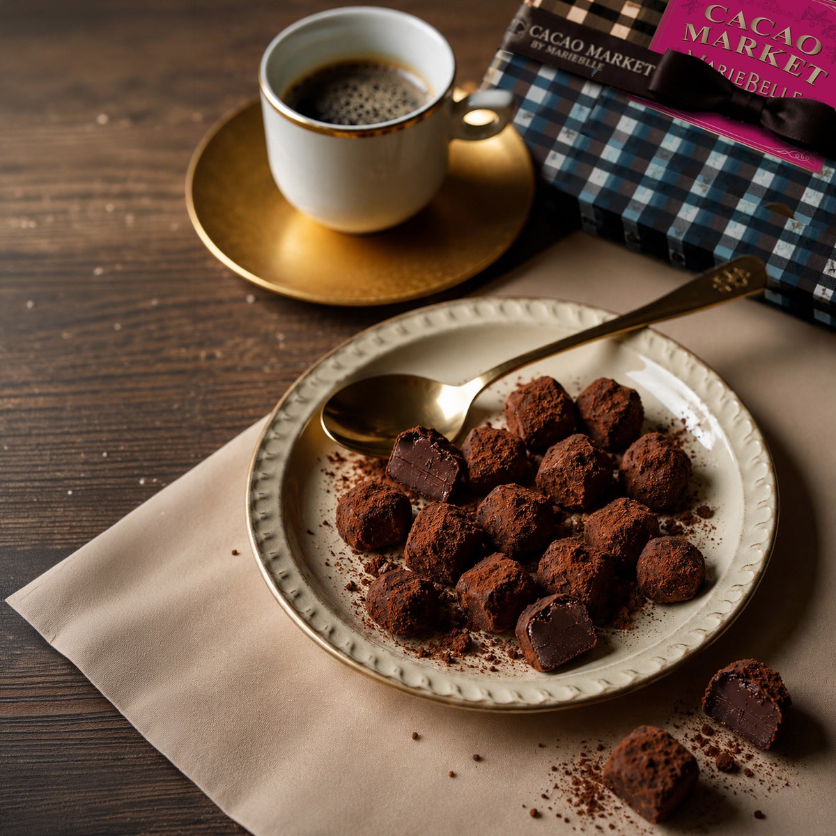 Cocoa-coated dark chocolate truffles by MarieBelle New York