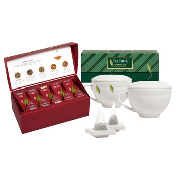 Tea Forté Warming Joy tea bundle with pyramid infusers, café cups and tea trays