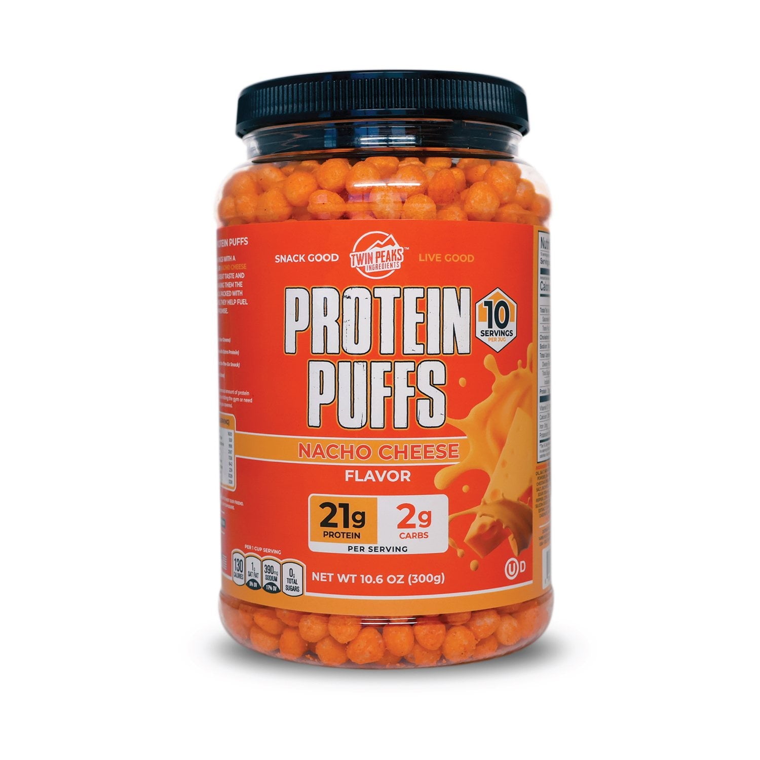 Twin Peaks nacho cheese keto protein puffs resealable container