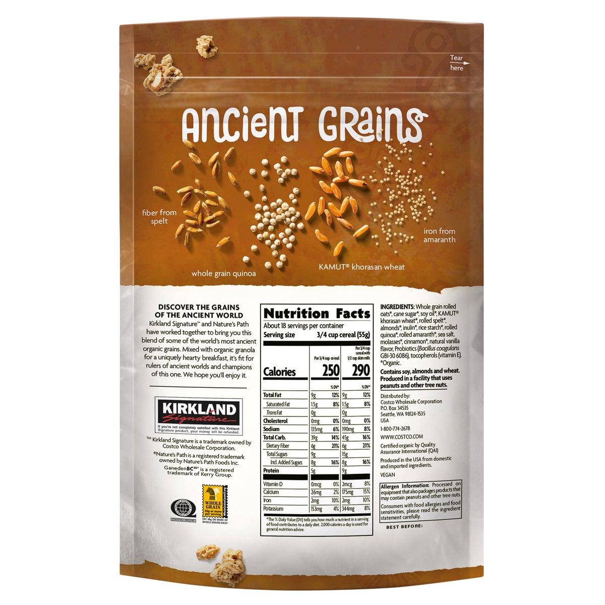 Kirkland Signature ancient grain granola breakfast cereal package
