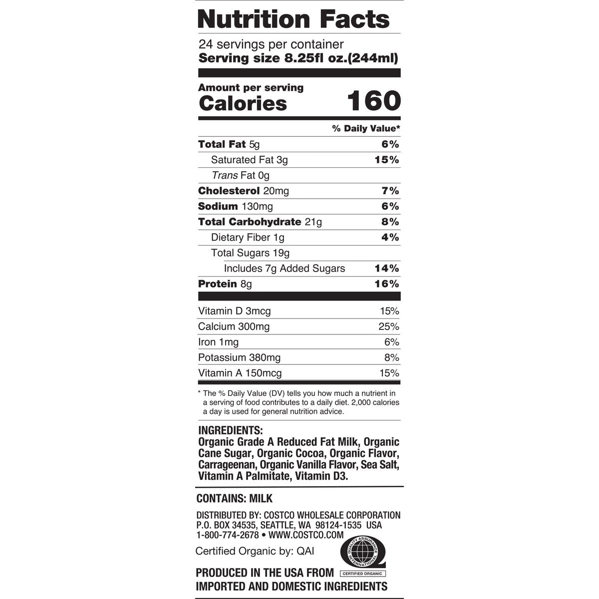 Organic reduced fat chocolate milk by Kirkland Signature