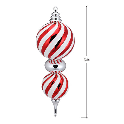Red and white Christmas ornament with shiny surfaces and glitter accents