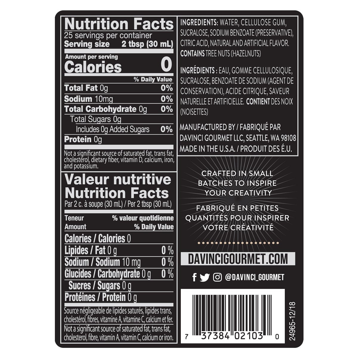 DaVinci sugar free hazelnut syrup for coffee and desserts