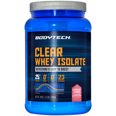 BodyTech clear whey isolate powder in strawberry lemonade flavor