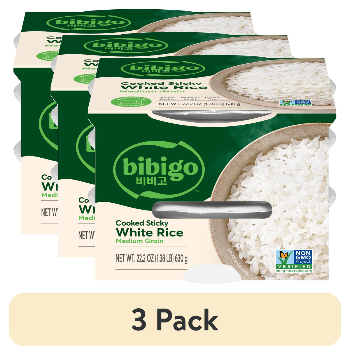 Bibigo cooked sticky white rice three-pack