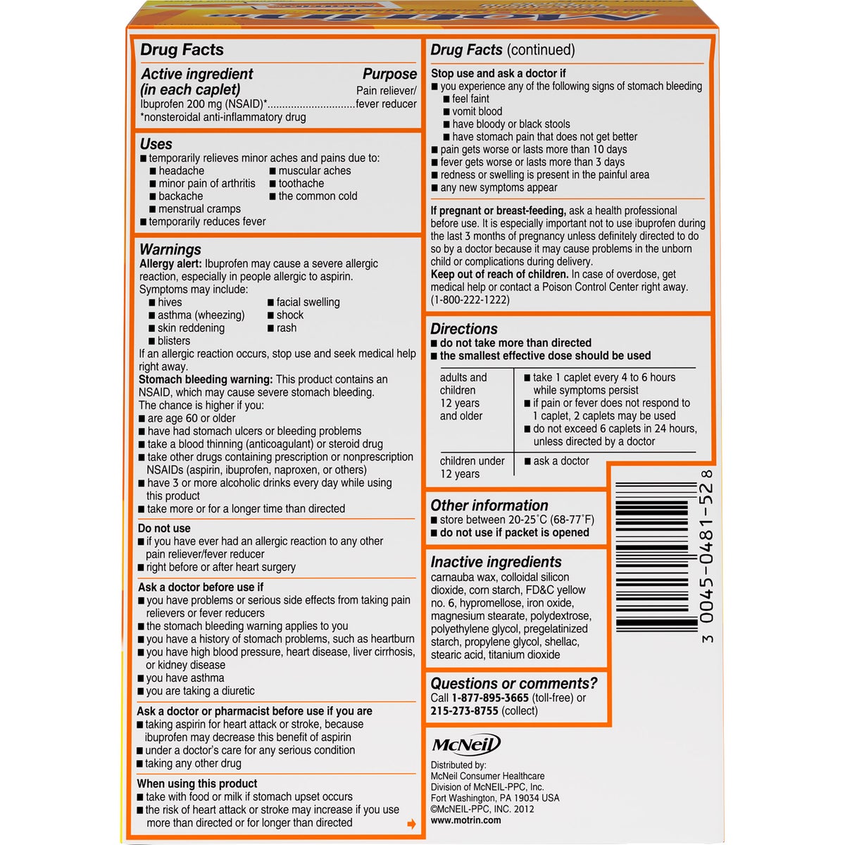 Coated Motrin ibuprofen caplets package