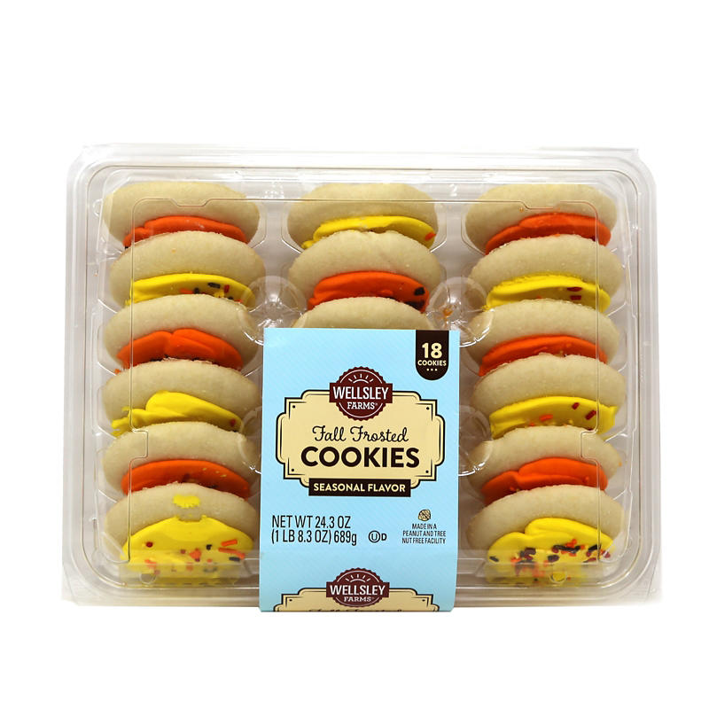Wellsley Farms fall vanilla cookies with orange and yellow frosting