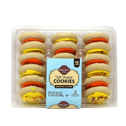 Wellsley Farms fall vanilla cookies with orange and yellow frosting