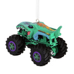 Teal dinosaur-themed monster truck holiday ornament
