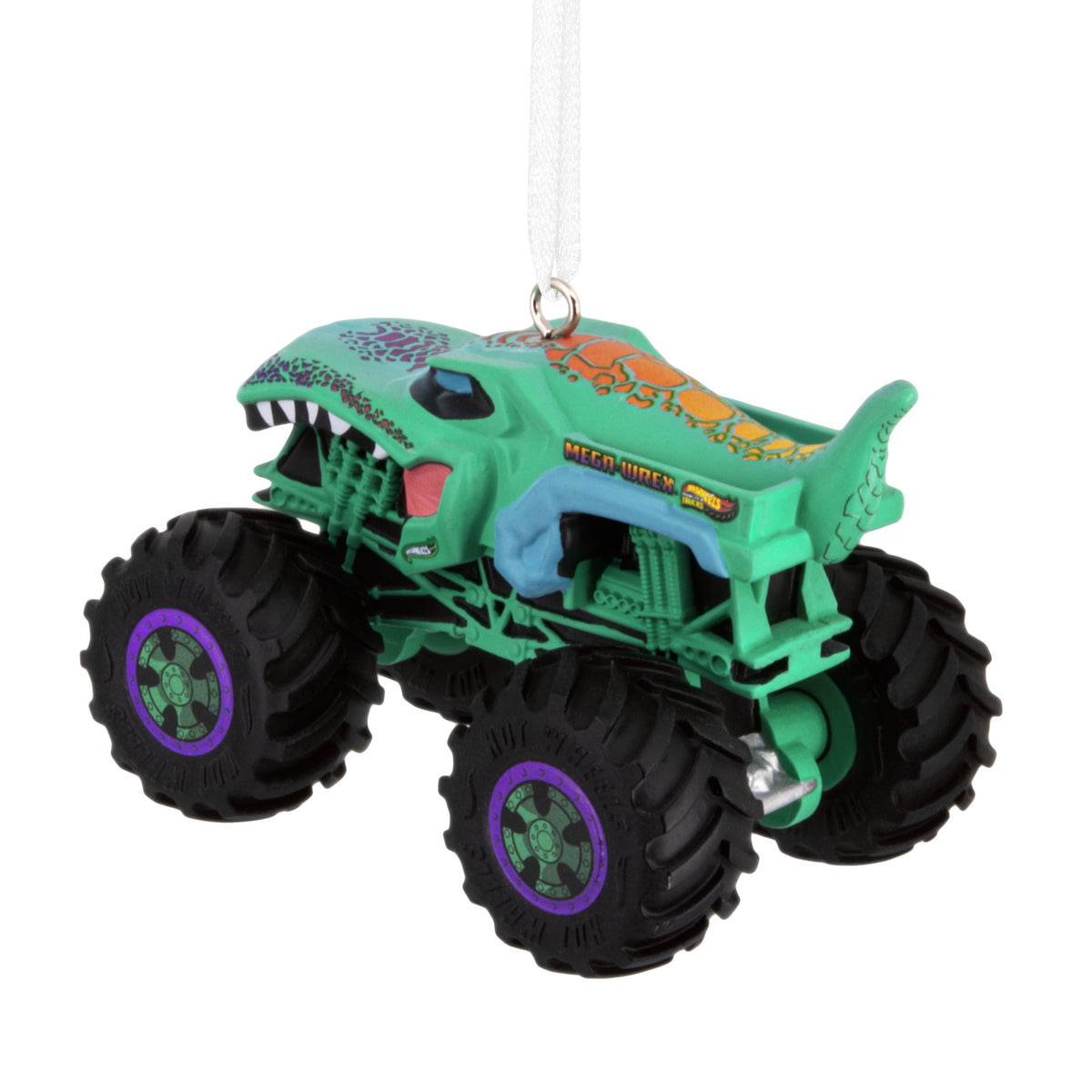 Teal dinosaur-themed monster truck holiday ornament