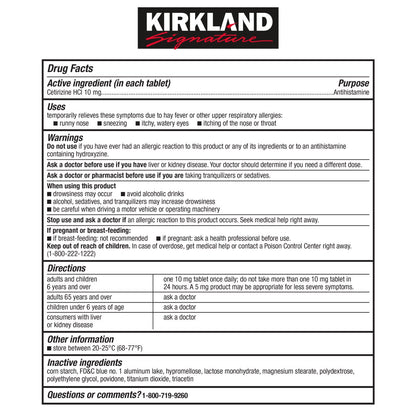 Kirkland Signature Aller-Tec value-size tablet bottle