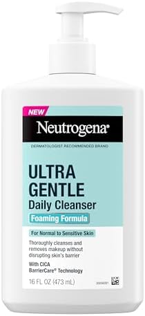 Neutrogena Ultra Gentle Foaming Facial Cleanser, Fragrance Free Hydrating Face Wash for Sensitive Skin, Daily Non Over Drying Makeup Remover, Hypoallergenic, Soap & Dye Free, Non-Comedogenic, 16 Fl Oz