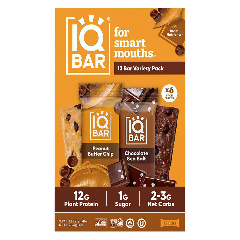 IQBAR Plant Protein Bars Chocolate Sea Salt Peanut and Butter Chip Variety Pack, 12g Protein, 12 ct.