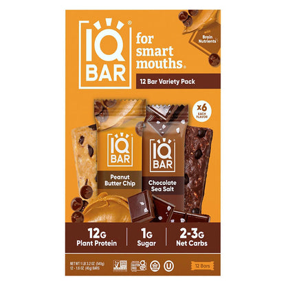 IQBAR Plant Protein Bars Chocolate Sea Salt Peanut and Butter Chip Variety Pack, 12g Protein, 12 ct.