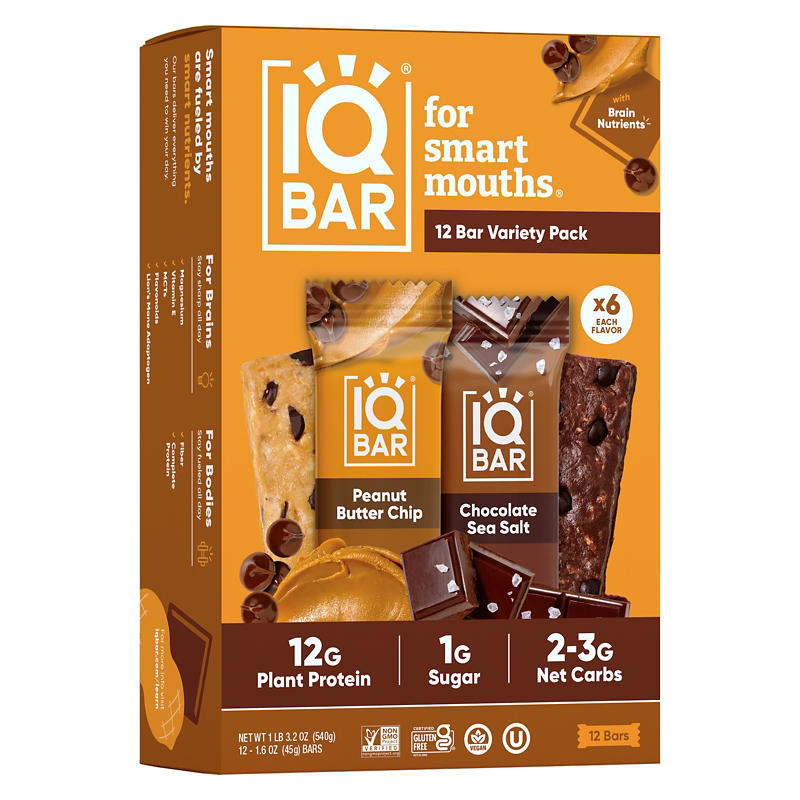 IQBAR Plant Protein Bars Chocolate Sea Salt Peanut and Butter Chip Variety Pack, 12g Protein, 12 ct. - product image 2