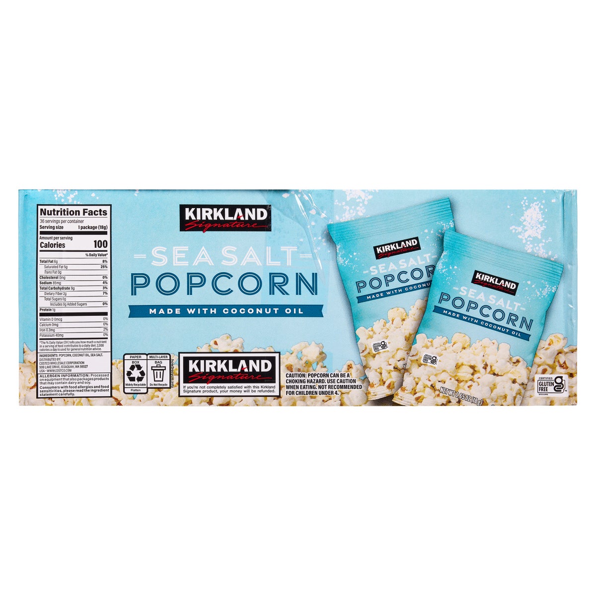 Individual Kirkland Signature popcorn bags with sea salt