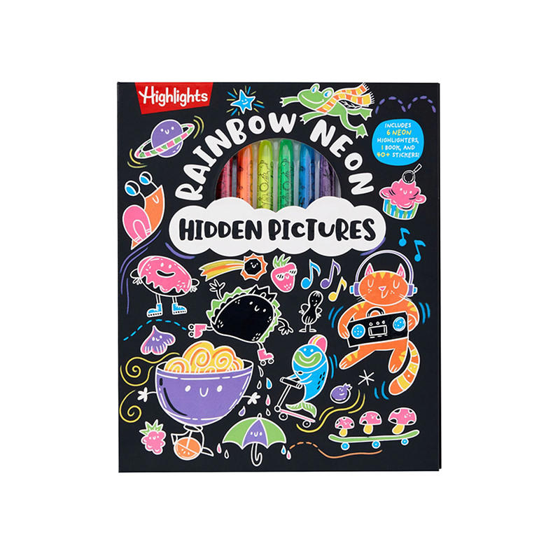 Rainbow Neon Hidden Pictures activity book with neon markers and stickers