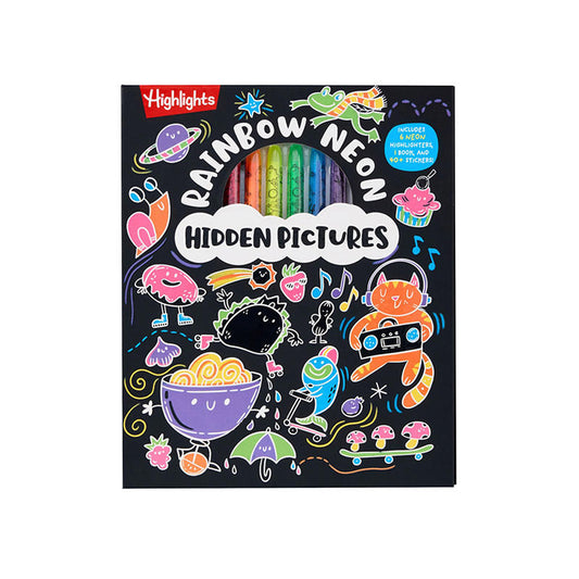 Rainbow Neon Hidden Pictures activity book with neon markers and stickers