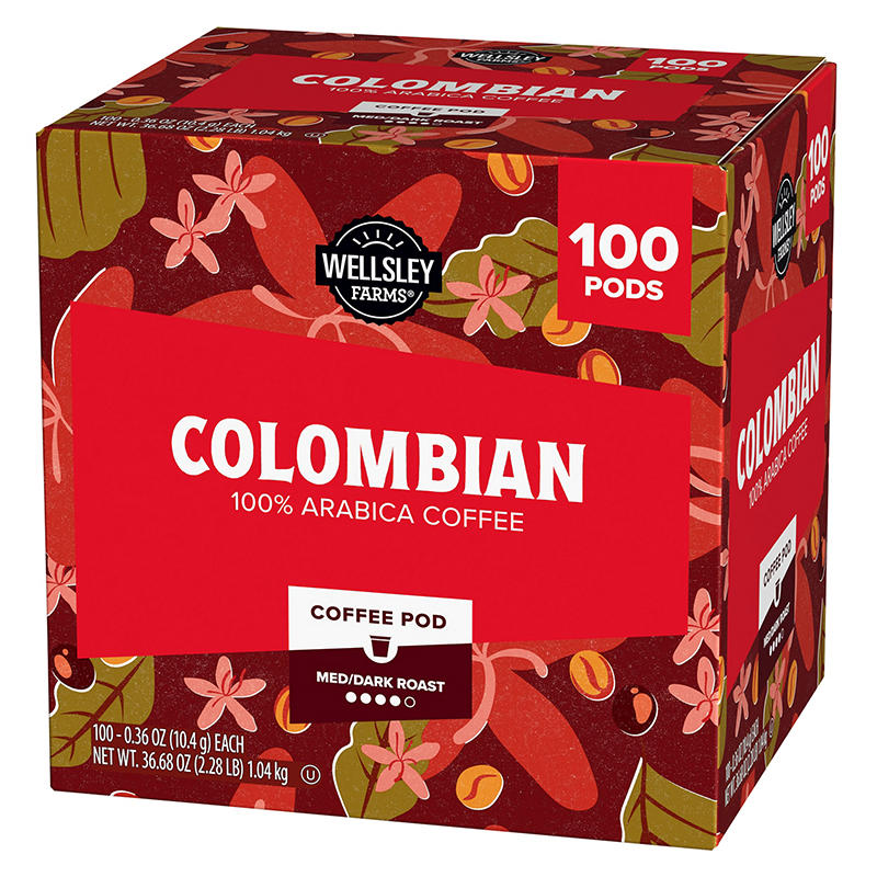 Medium dark roast Colombian coffee pods by Wellsley Farms