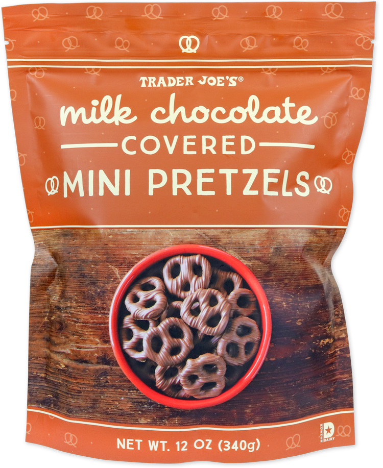 Milk chocolate covered mini pretzels by Trader Joe's
