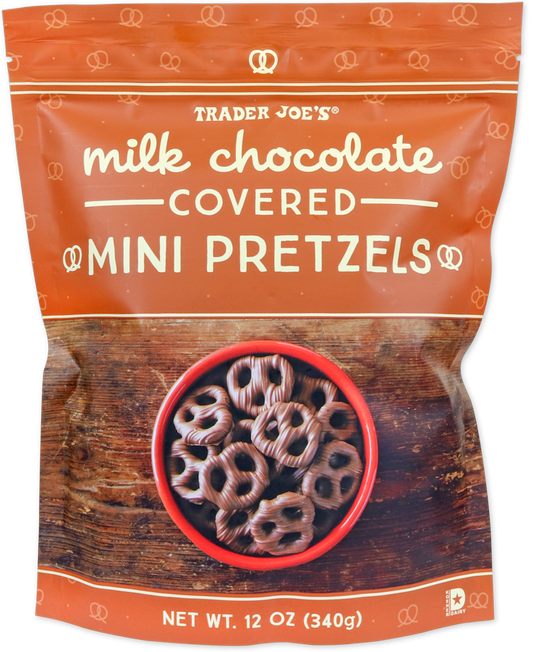 Milk chocolate covered mini pretzels by Trader Joe's