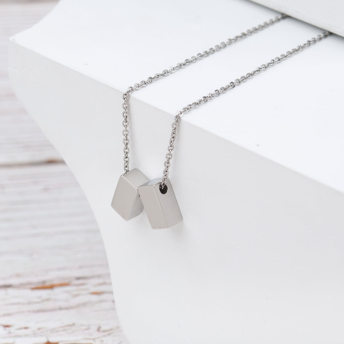 Double cube pendant necklace with stainless steel chain