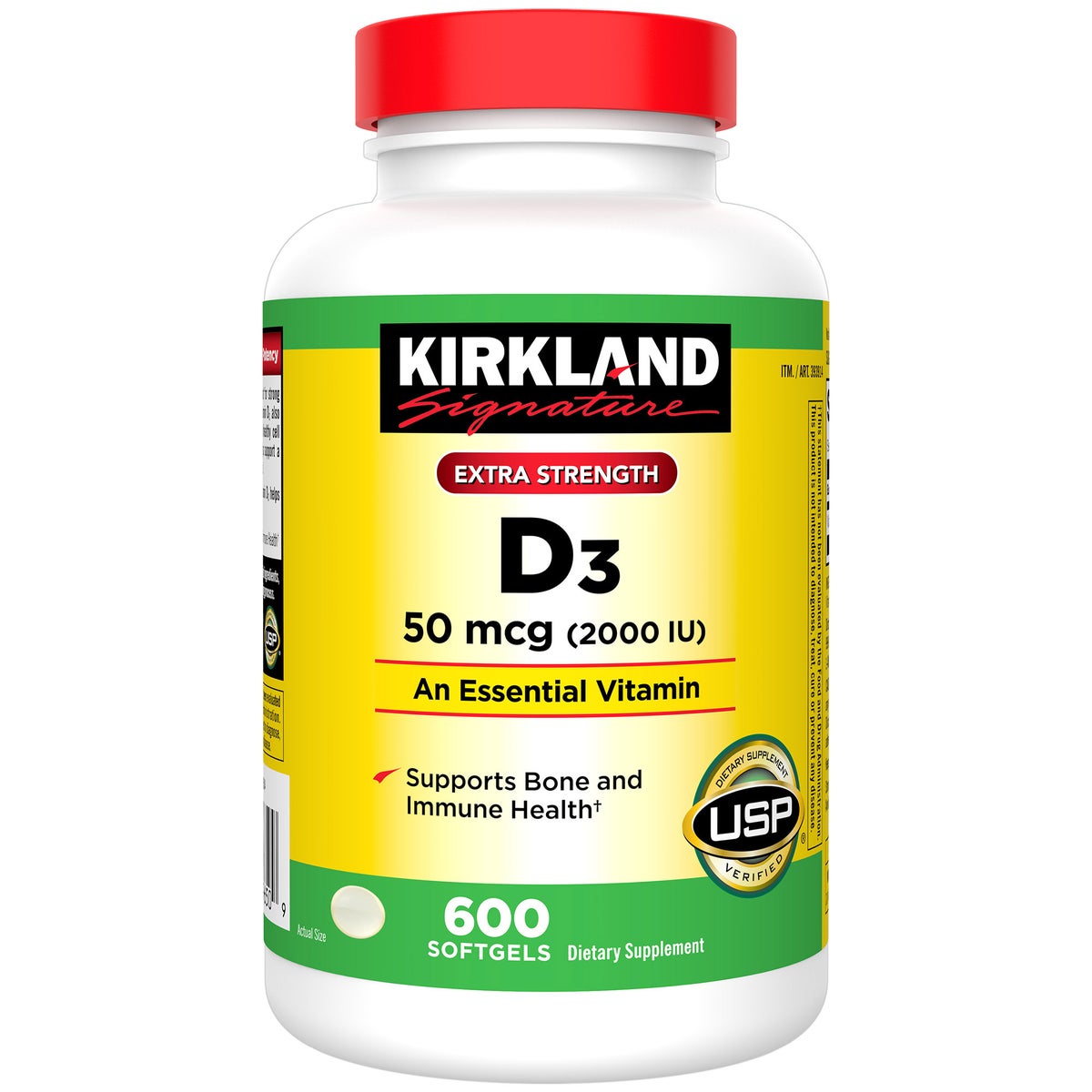 Kirkland Signature Extra Strength D3 50 mcg softgels bottle