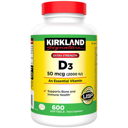 Kirkland Signature Extra Strength D3 50 mcg softgels bottle