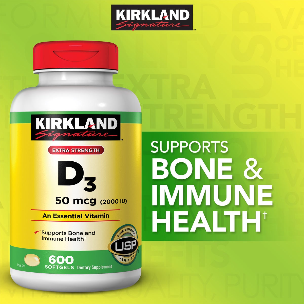 Kirkland Signature vitamin D3 600-count supplement front label