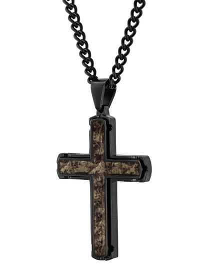 Men's cross pendant with brown woods camo center