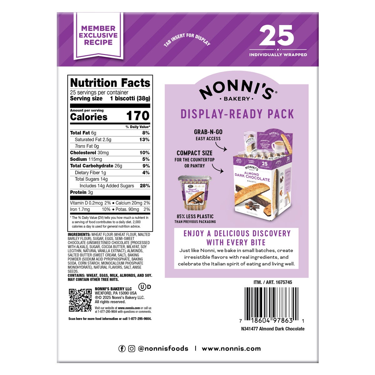 Nonni's — Nonni’s Biscotti, Almond Dark Chocolate, 1.34 oz, 25-count