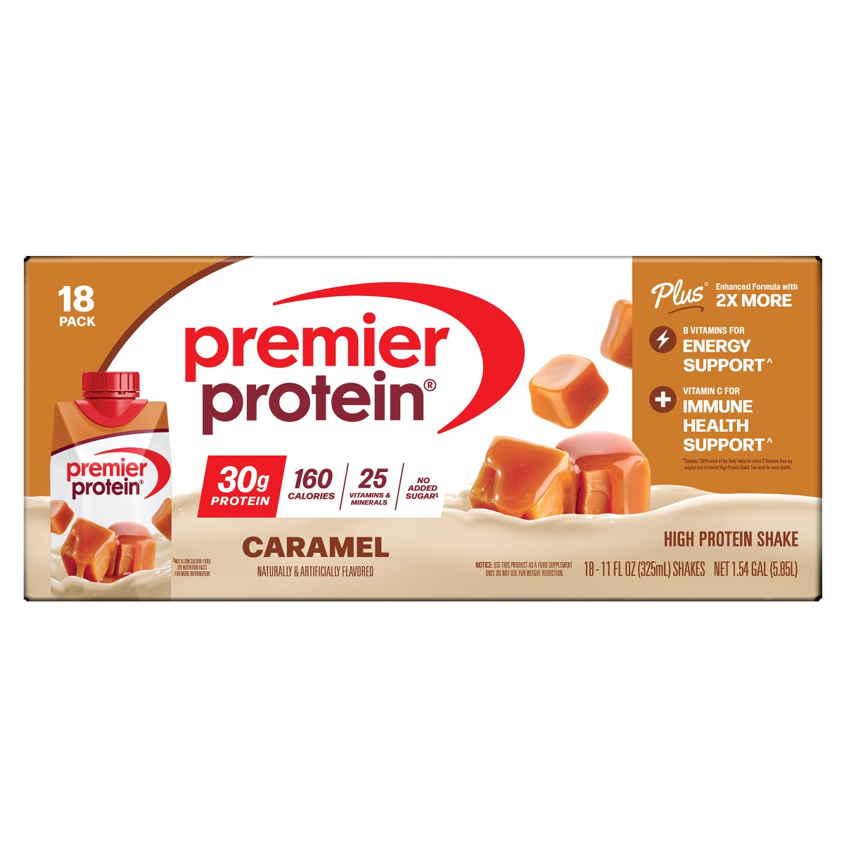 Premier Protein caramel shake with 25 vitamins and minerals