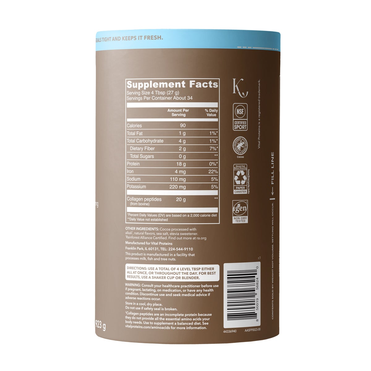 Vital Proteins collagen peptides chocolate supplement container