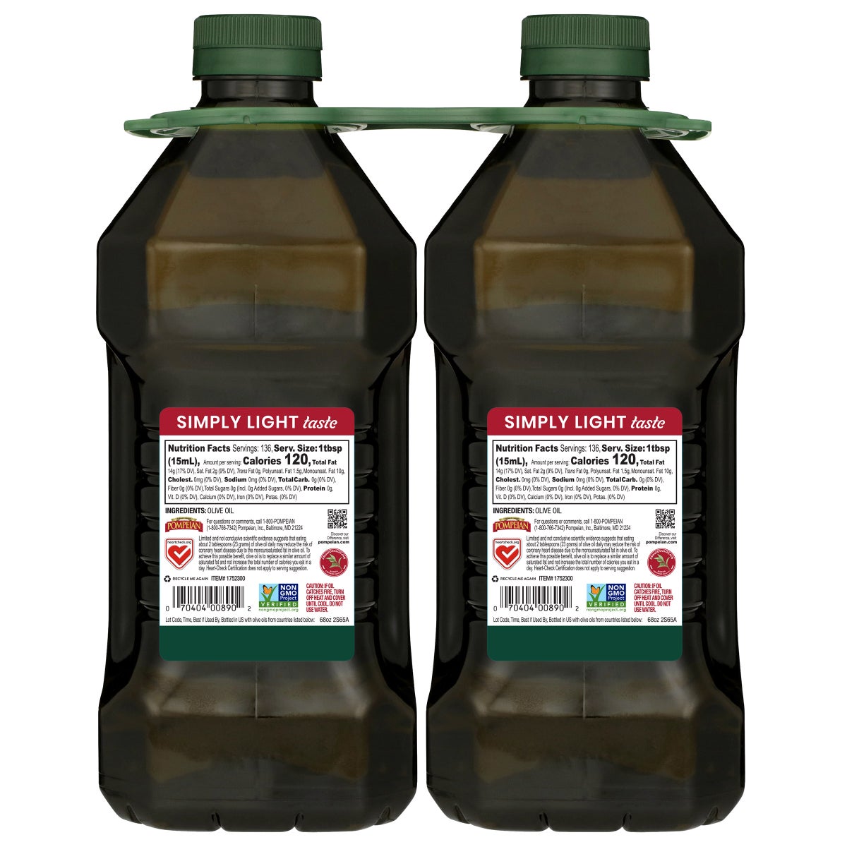 Two bottles of Pompeian light taste olive oil