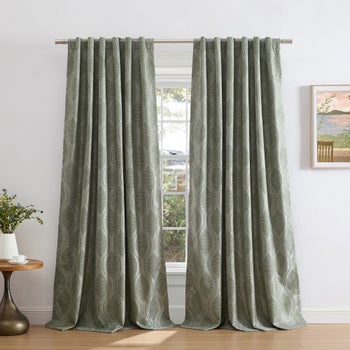 Silk Home Mitchell sage blackout curtain panels with jacquard ogee pattern